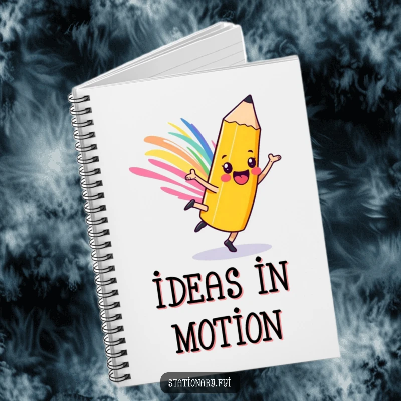 Funny playful pencil notebook, cartwheeling character with a colorful streak, ideal for journaling creative ideas.