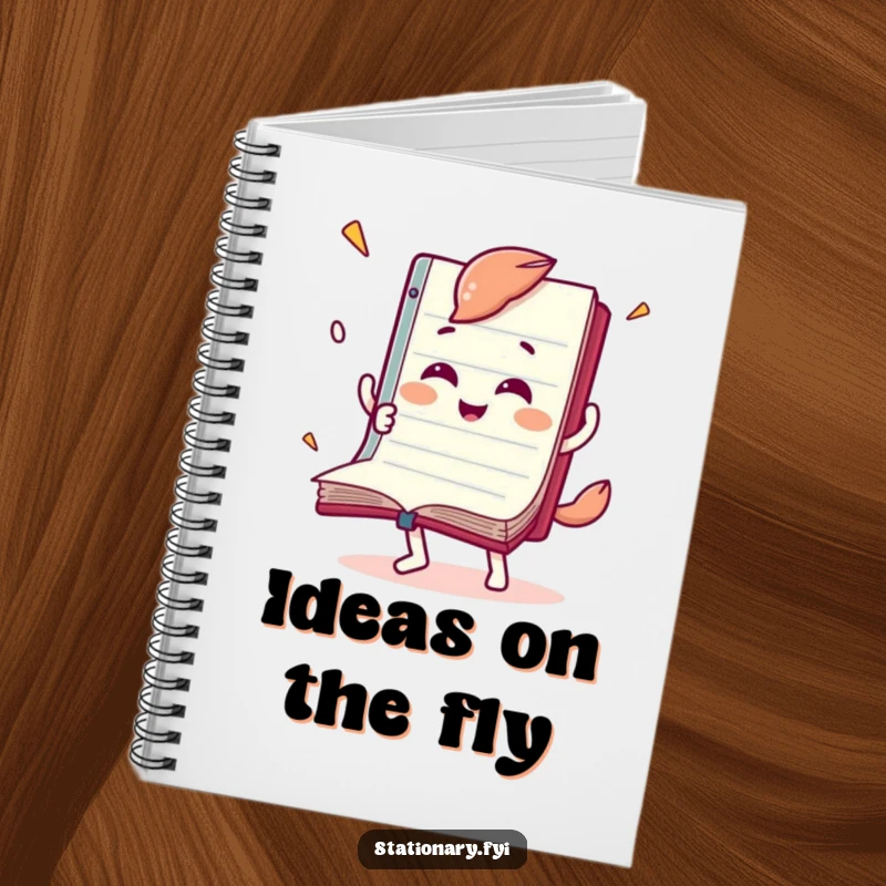 Funny notebook with a joyful notebook character flipping its pages rapidly, perfect for jotting down quick ideas.
