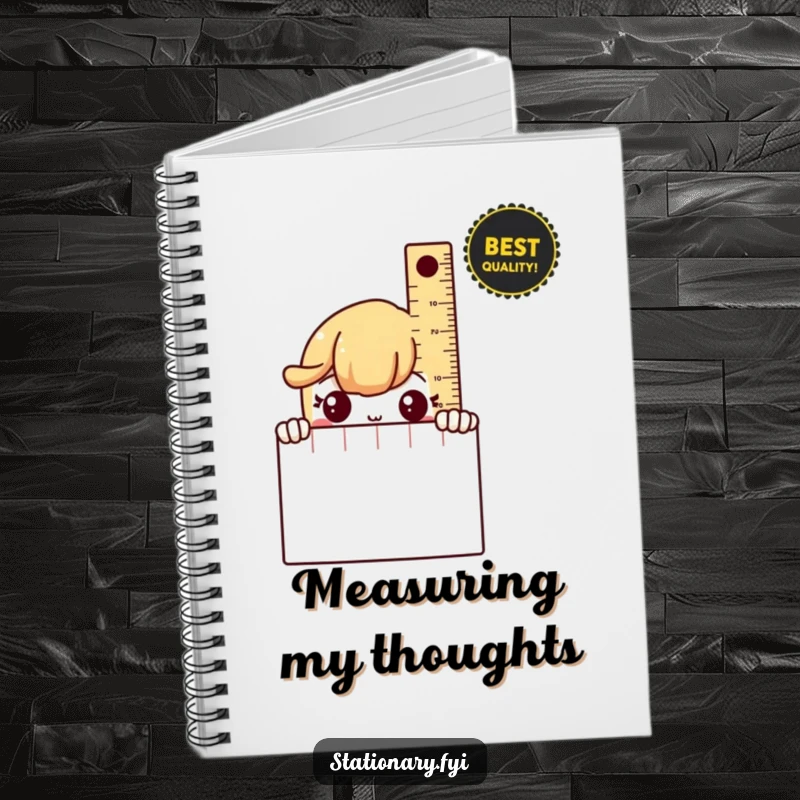 Funny Notebook with a shy ruler peeking from behind it, perfect for jotting down notes with gentle amusement.