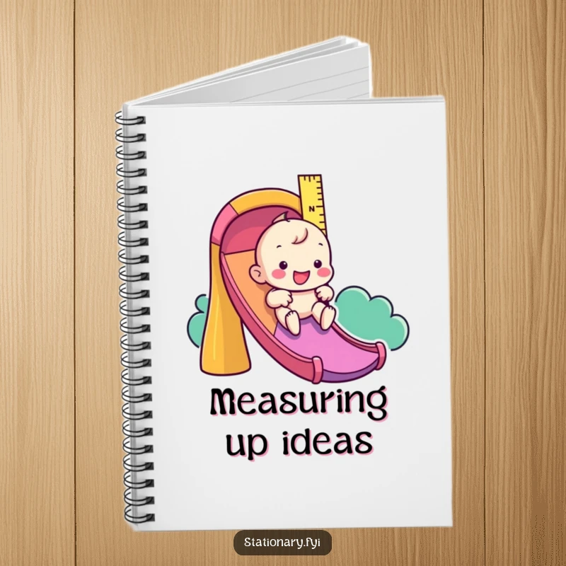 Funny notebook featuring a playful ruler character sliding down a colorful slide, great for notes and doodles.