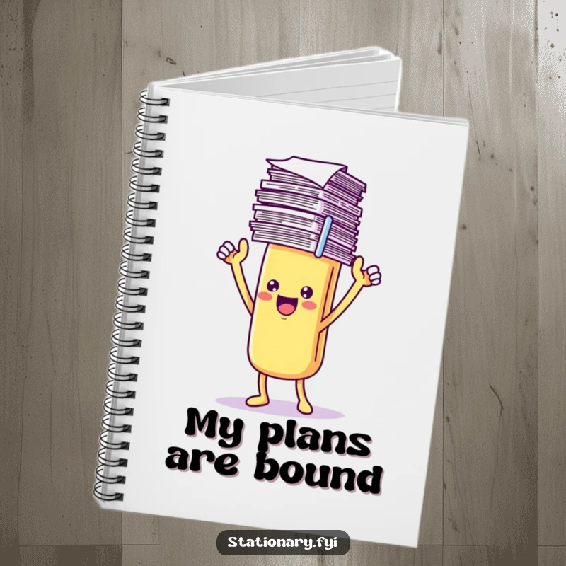 Funny Notebook with a triumphant Kawaii paperclip character holding papers, designed for jotting down organized thoughts.