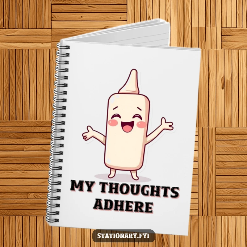 Funny Notebook with a giggling glue stick spreading joy, perfect for capturing creative notes with artistic humor and as a great gift.