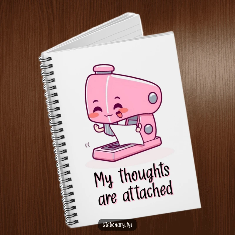 Funny notebook featuring a giddy stapler character zapping paper together, perfect for organized note-taking.