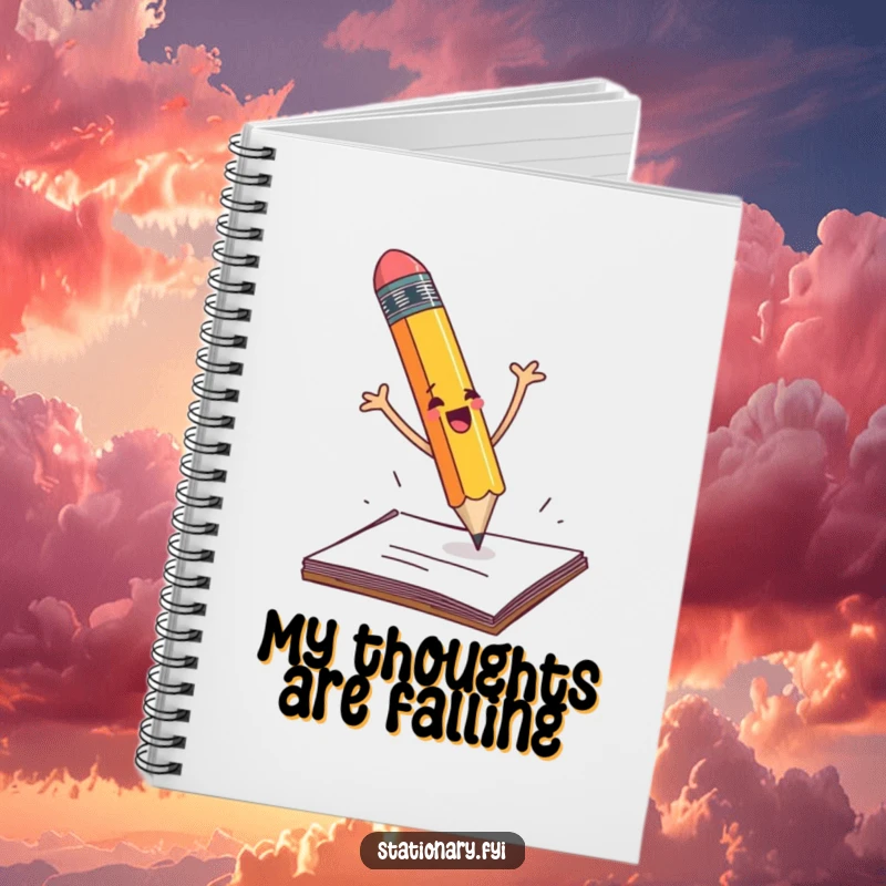 Funny pencil dramatically falling off a desk with flailing arms, a humorous notebook for jotting down ideas.
