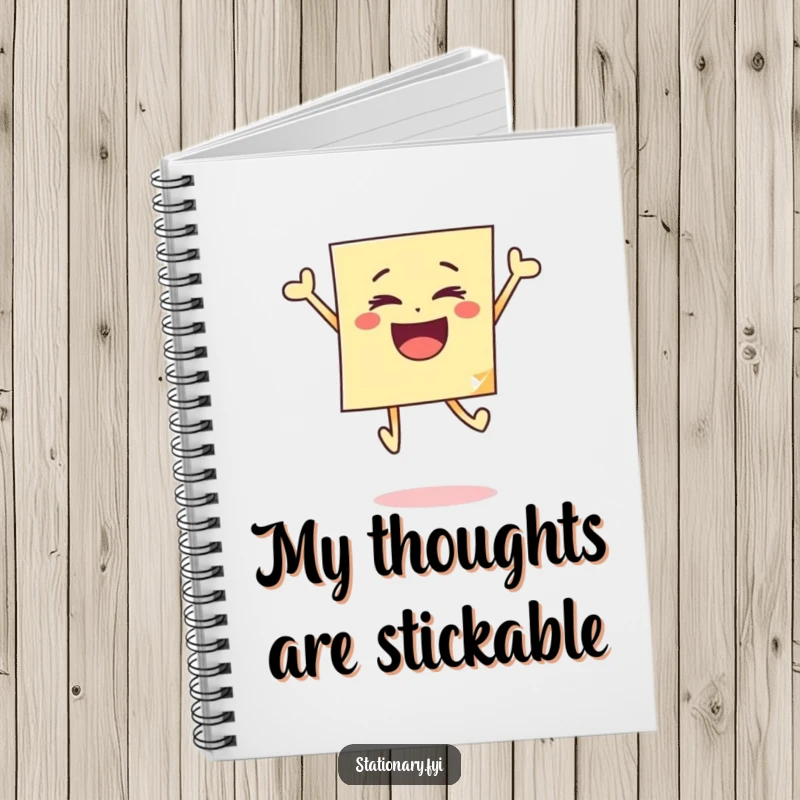 Funny notebook featuring a sticky note in a joyful jump, ideal for capturing ideas with a playful and energetic spirit.