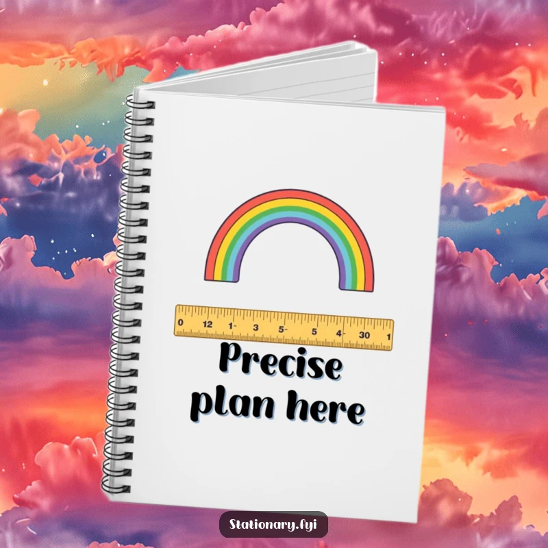 Funny notebook: A playful ruler measures a colorful rainbow, ready to capture your creative sketches.