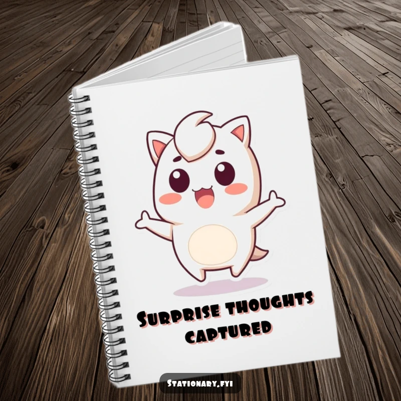 Funny Notebook with a Kawaii staple remover character in a surprised jump, designed to inspire energetic note-taking.