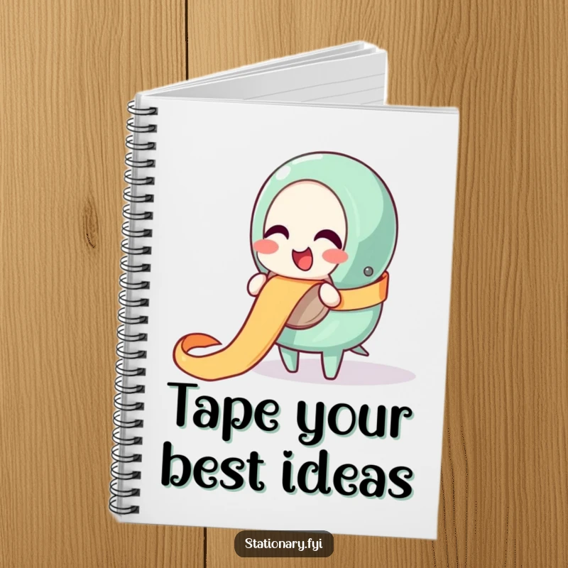 Funny notebook with a giggling tape dispenser character happily unraveling a ribbon, perfect for jotting down creative and fun thoughts.