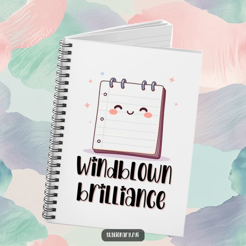 Funny notebook featuring a happy notepad with pages flapping in a breeze, designed for capturing creative ideas with a light touch.