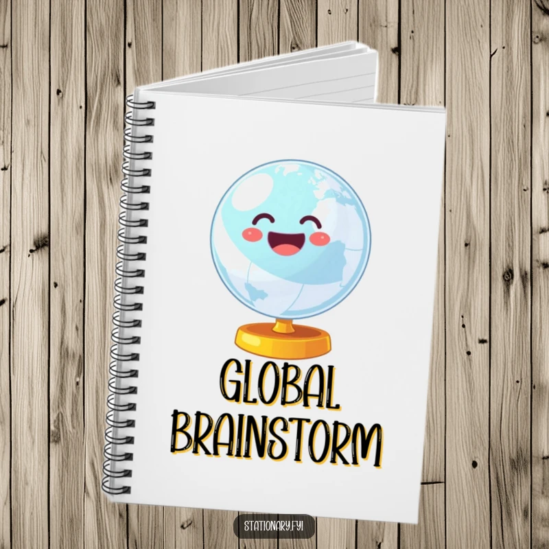 Funny notebook featuring a wobbly globe spinning energetically, designed for capturing travel ideas with a cheerful spirit.