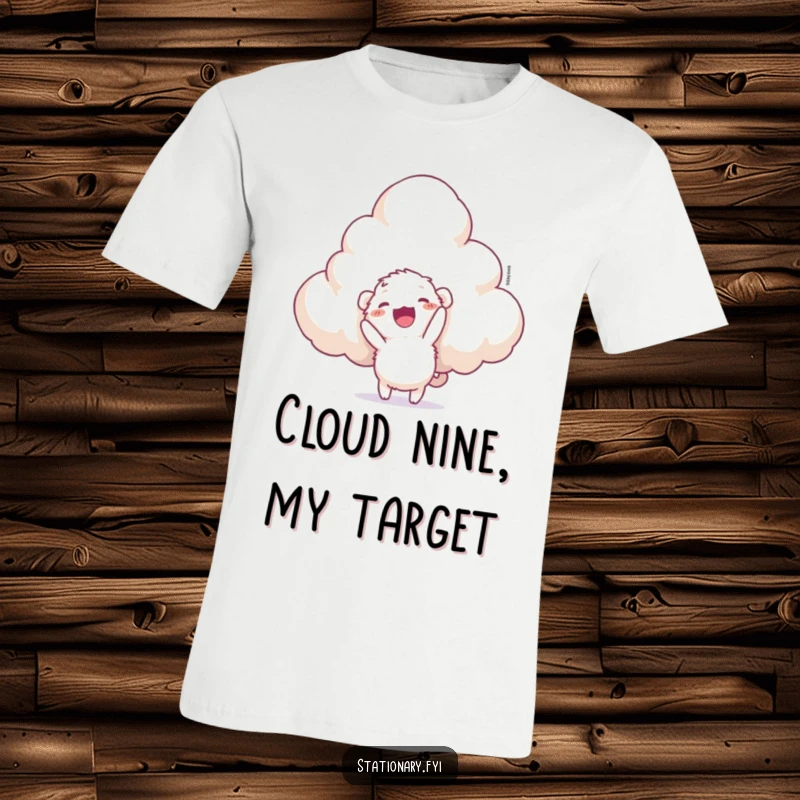 Funny T-shirt showing a small, fluffy creature gleefully trying to staple a massive, white cloud, embodying playful ambition.