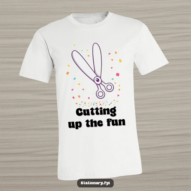 Funny t-shirt with giggling scissors joyfully cutting through a shower of confetti, perfect for party lovers.