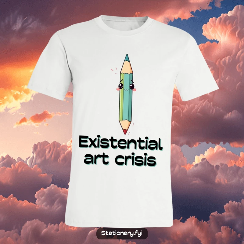 Funny t-shirt featuring a perplexed pencil trying to draw its own tip, a humorous depiction of self-referential art.