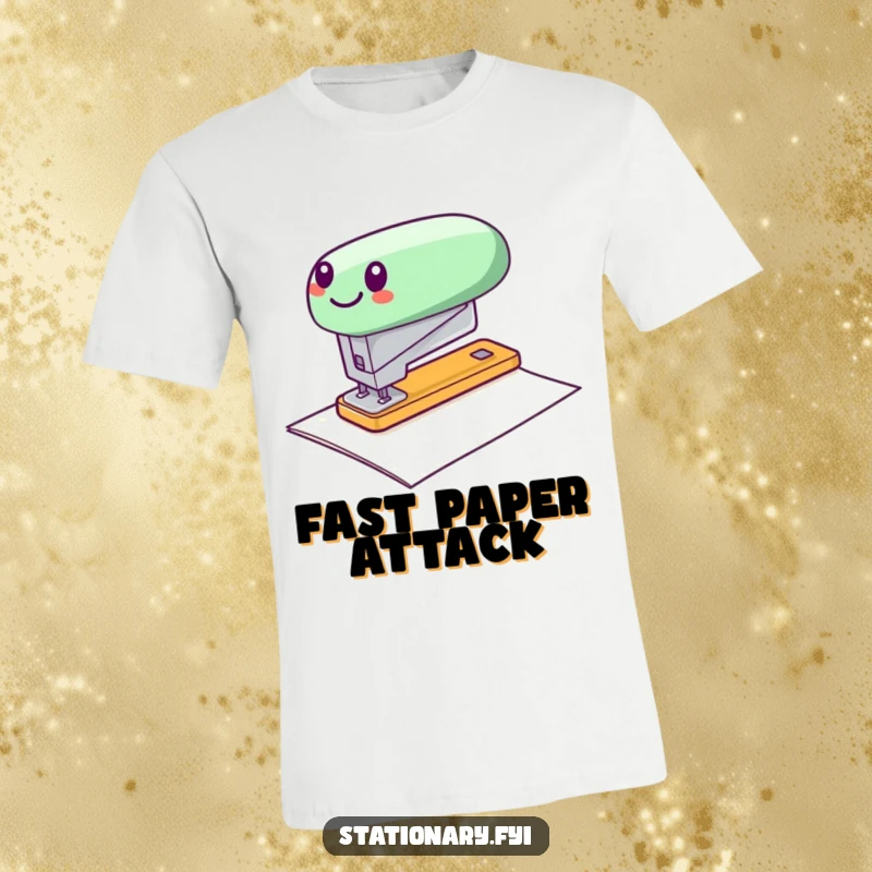 Funny t-shirt showing a cheerful stapler rapidly zipping across paper, perfect for fast-paced individuals.
