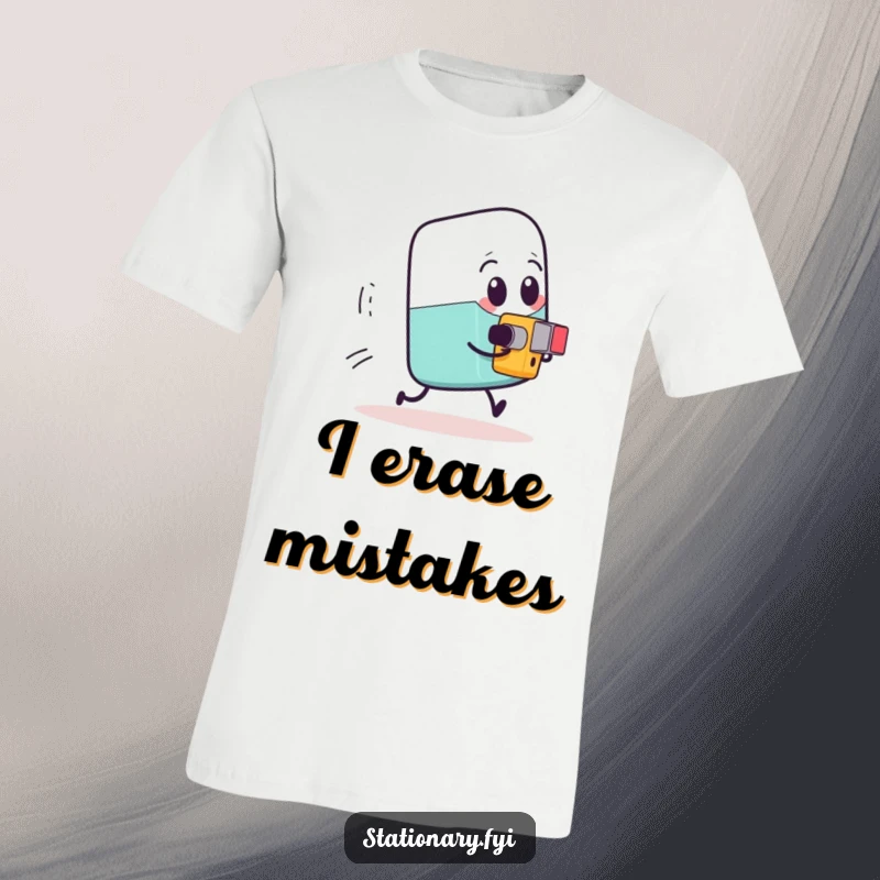 Funny eraser running from a tiny determined pencil sharpener, a humorous graphic tee for stationery lovers.