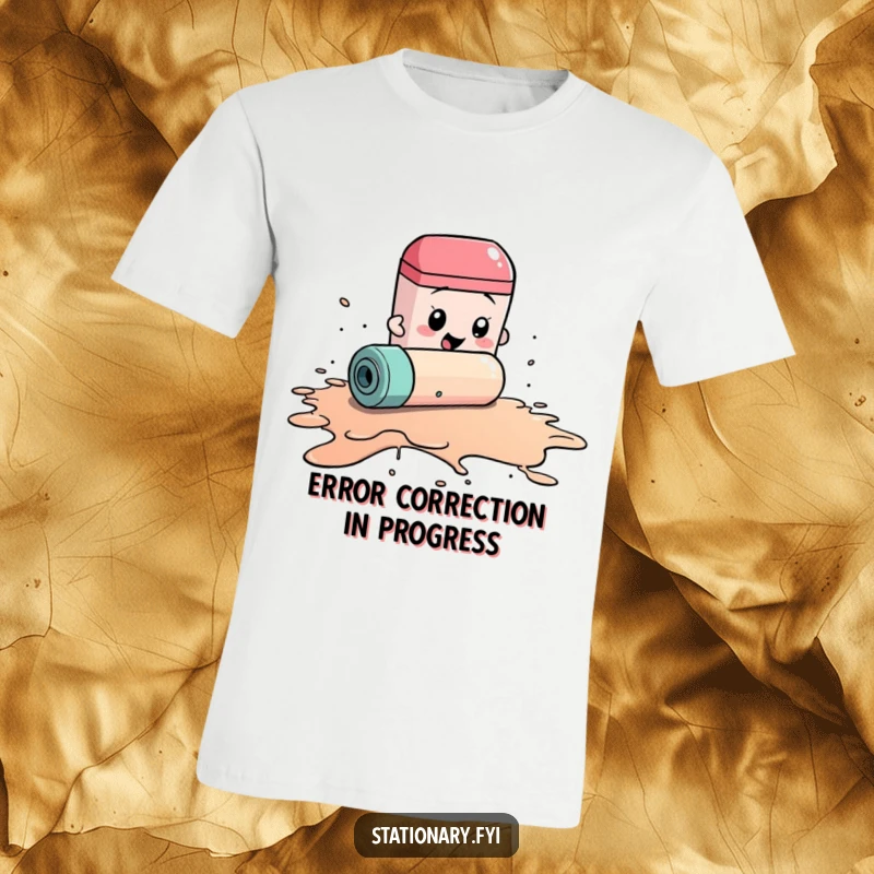Funny t-shirt showing a determined eraser frantically rolling to erase a huge ink spill, a humorous representation of cleaning up errors.