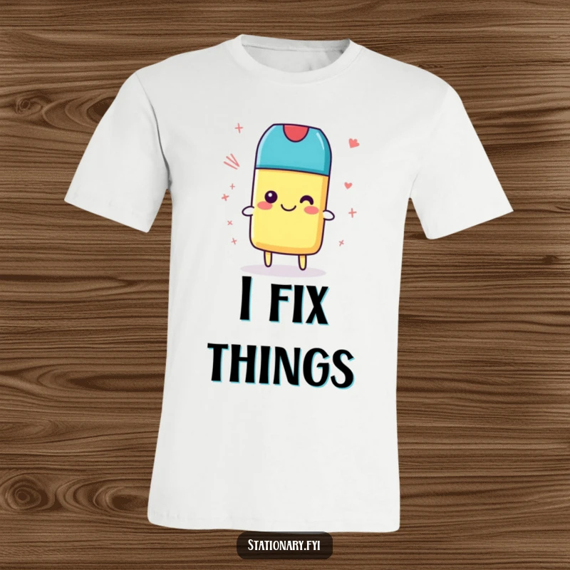 Funny T-Shirt of a smiling eraser happily cleaning silly scribbles, embodying tidiness and humor, a perfect gift.
