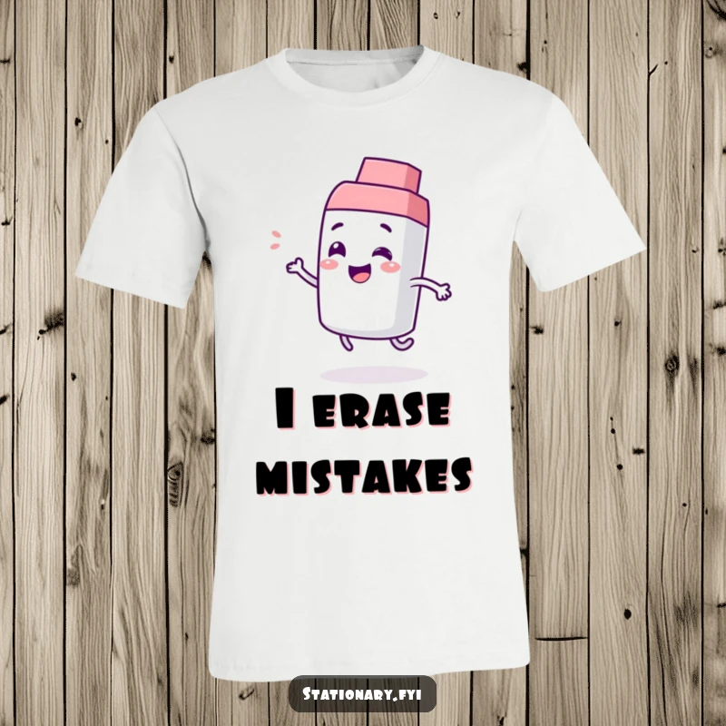 Funny t-shirt showcasing a giggling eraser character mid-bounce, radiating happiness and playful energy, perfect for art and office supply lovers.