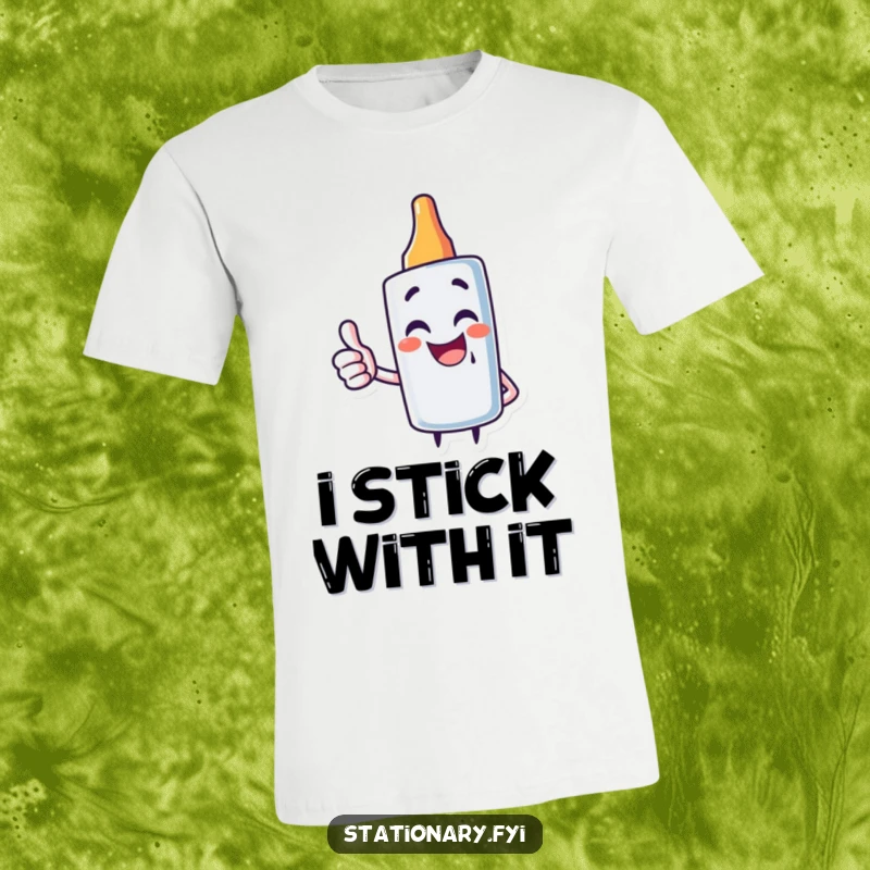 Funny t-shirt featuring a giggling glue stick character giving a thumbs up, celebrating crafting and creativity.