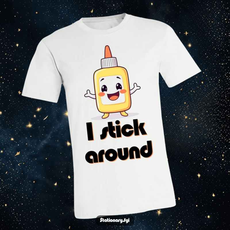 Funny T-Shirt: A grinning glue bottle character doing a comical, wobbly dance, radiating adhesive fun and stickiness.