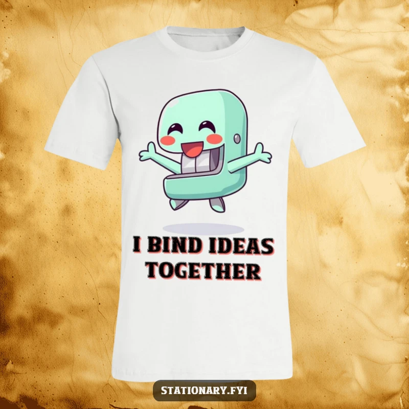 Funny t-shirt depicting a happy stapler character performing a cheerful jump, conveying a sense of energy and humor for office enthusiasts.