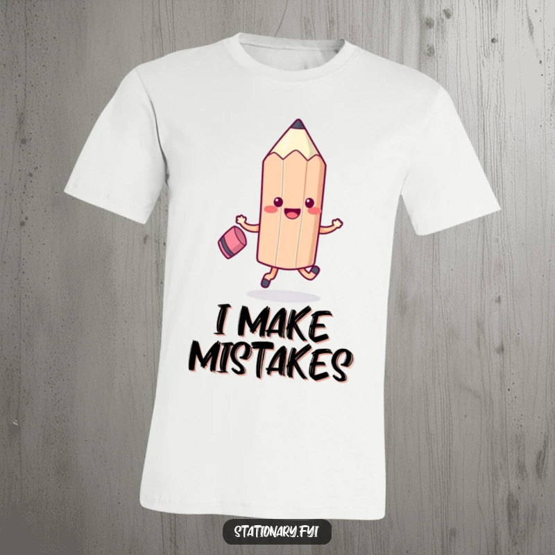 Funny Kawaii Pencil T-Shirt skipping joyfully alongside an eraser, a humorous celebration of school supplies and fun.