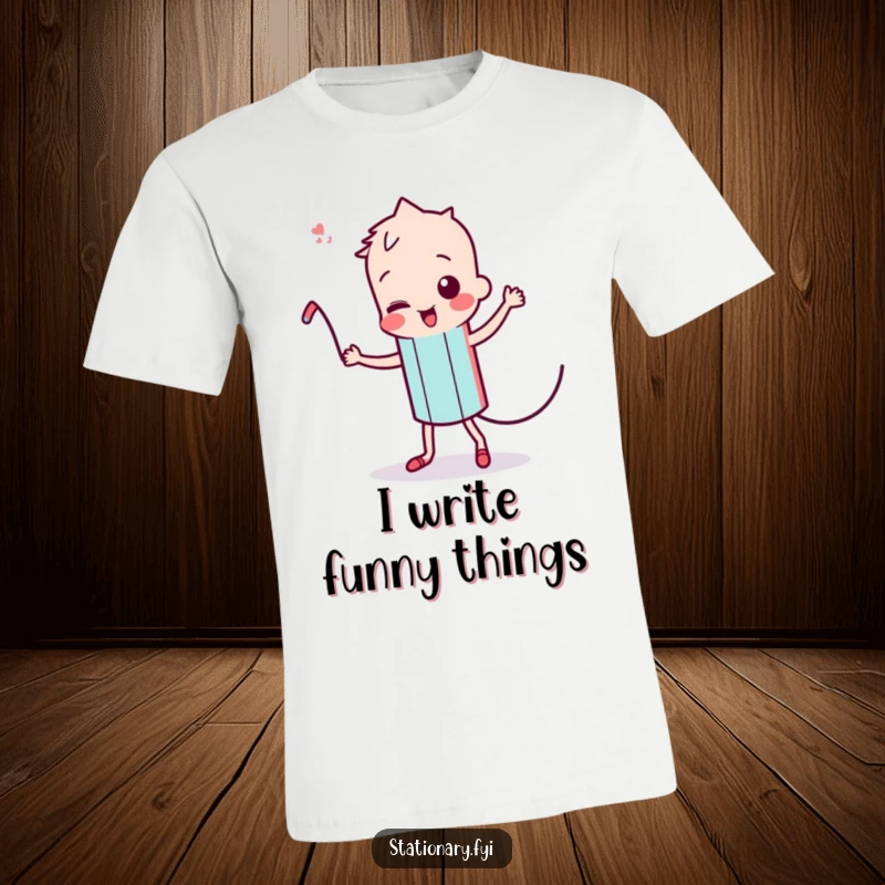 Funny Kawaii Pencil T-Shirt: A cute pencil character performs a silly dance with a wiggling lead, radiating pure joy.