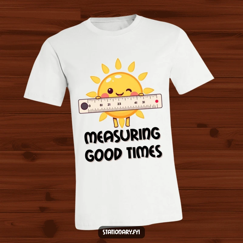 Funny Kawaii Ruler T-Shirt happily measuring a smiling sun, spreading cheerful and sunny humor, ideal for gifting.