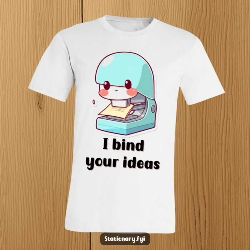 Funny Kawaii Stapler T-Shirt: A cute stapler character depicted chomping on paper, symbolizing efficiency and office humor.