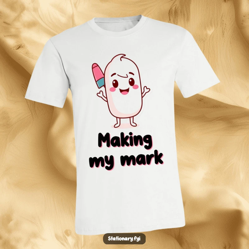 Funny marker t-shirt with a bouncing marker character creating a vibrant, wavy line across the design.
