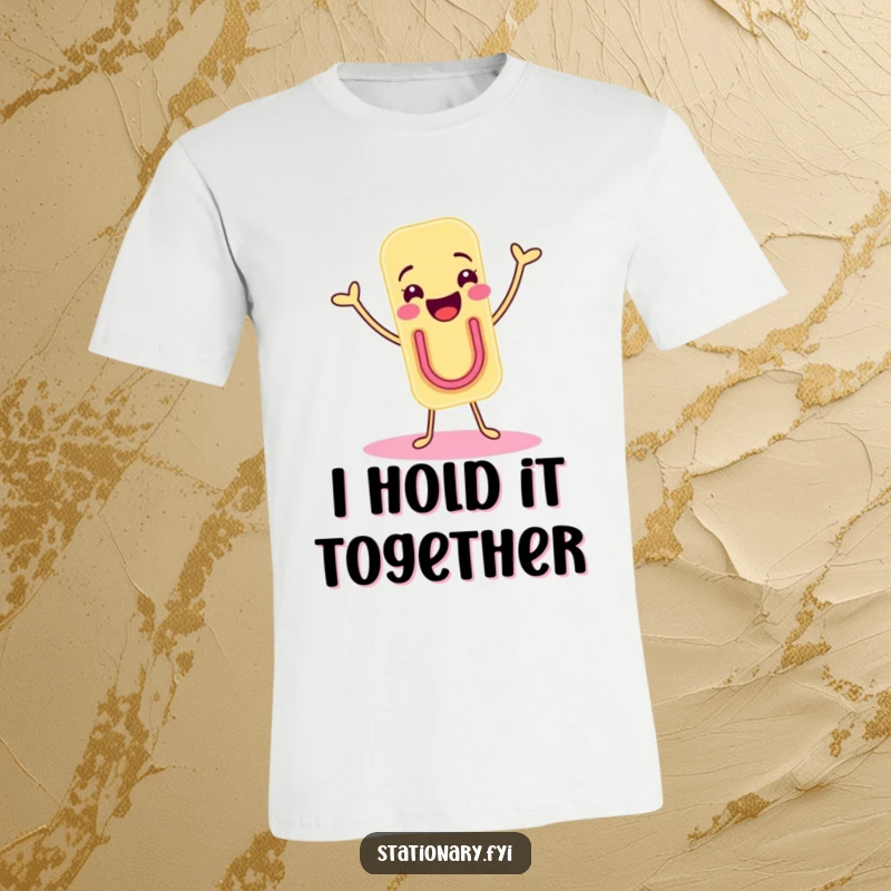 Funny t-shirt showcasing a joyous paper clip character doing a delightful shimmy, radiating happiness and fun.
