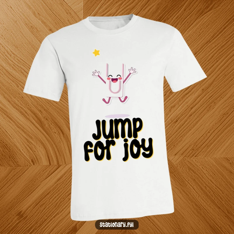 Funny t-shirt with a happy paperclip character doing a celebratory jump, full of energy and office fun, an excellent funny gift.