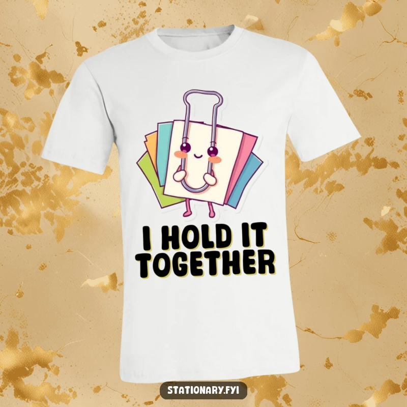 Funny t-shirt: A joyful paperclip neatly holds together several vibrant sheets of paper.