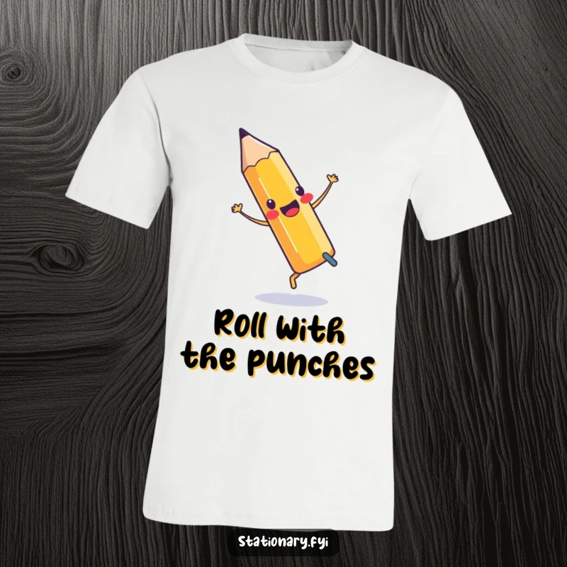 Funny T-Shirt of a happy pencil doing a cartwheel with an eraser, conveying energetic fun and office amusement.