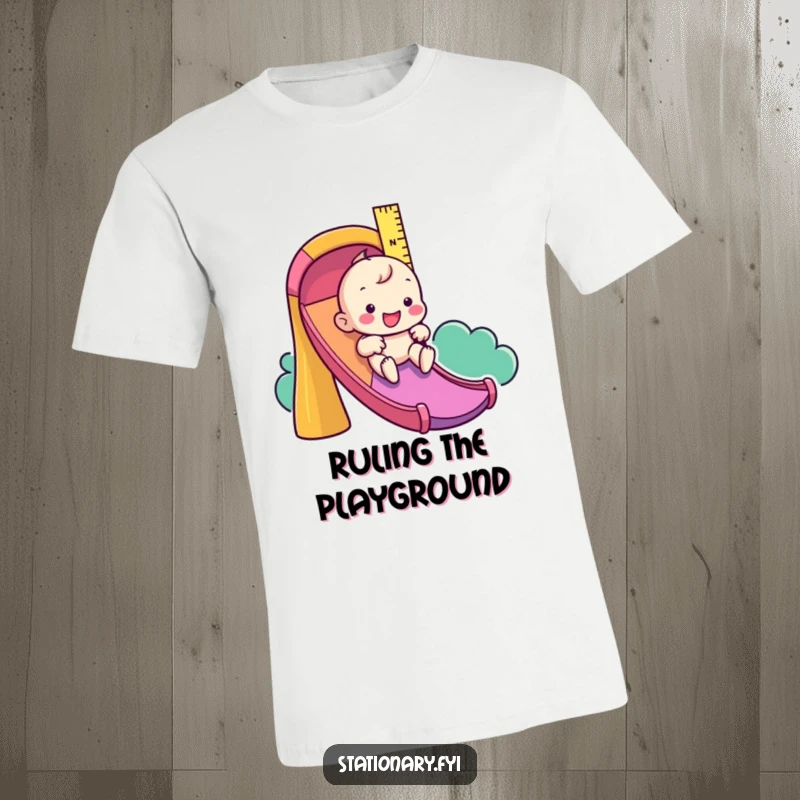Funny t-shirt with a playful ruler character on a colorful slide, celebrating school and fun.