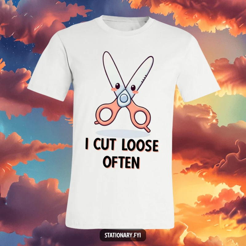 Funny T-Shirt: Whimsical scissors character caught mid-dance, radiating joy and silliness, a hilarious wearable art piece.
