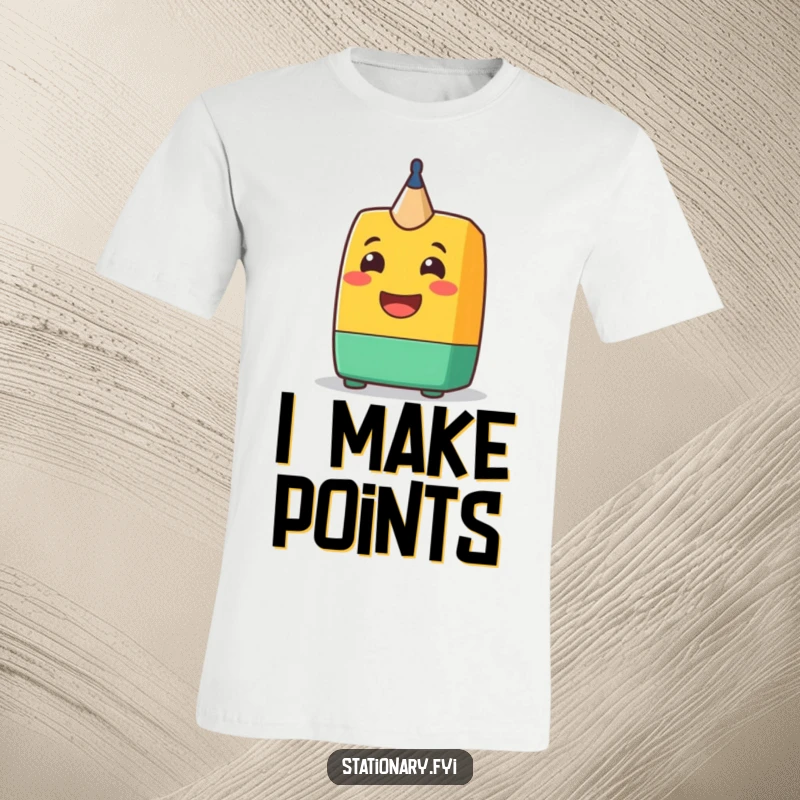 Funny T-Shirt: A cheerful pencil sharpener character with a big grin, conveying joy and a love for creating sharp points.
