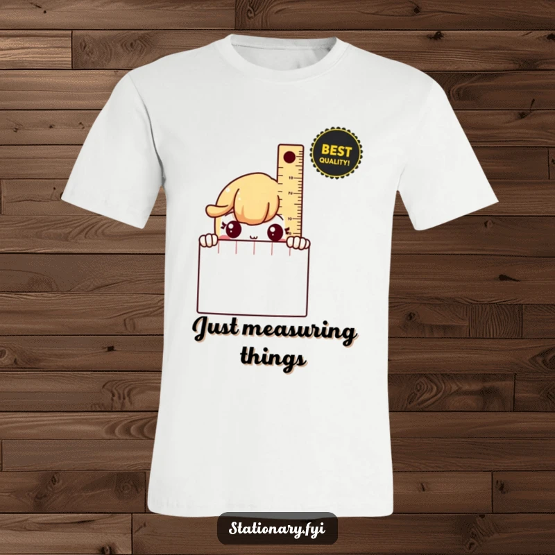 Funny T-Shirt with a shy ruler peeking from behind a notebook, perfect for introverts who love humor.