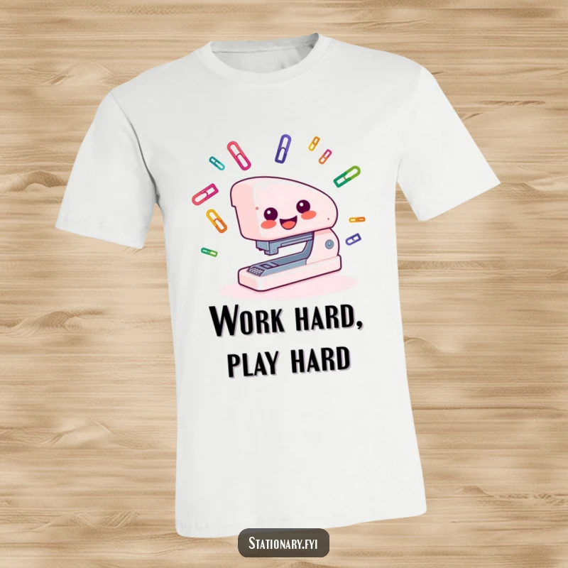 Funny T-Shirt depicting a smiling stapler juggling colorful paper clips, ideal for office humor and busy bees.