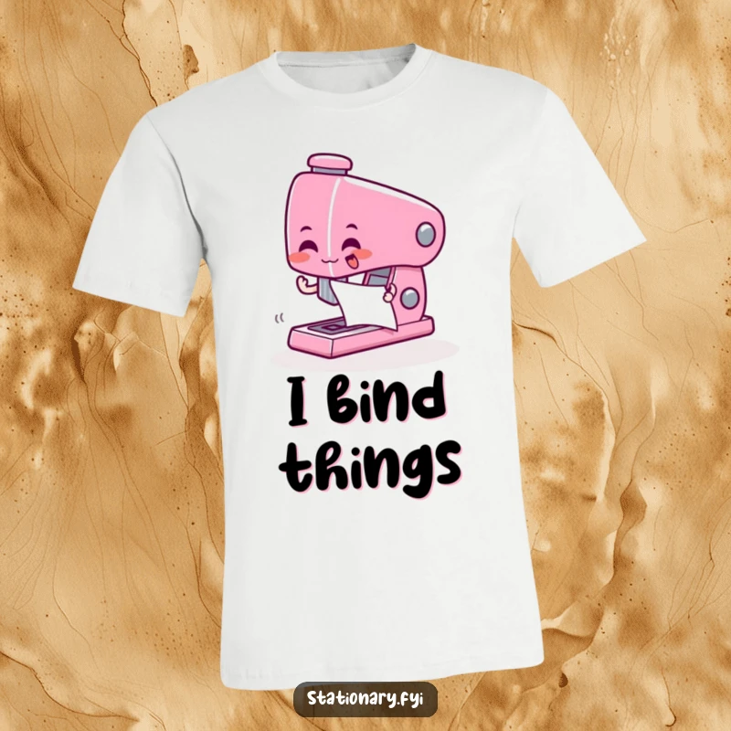 Funny t-shirt of a giddy stapler character zapping paper together with energetic enthusiasm.