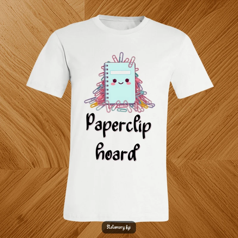 Funny T-Shirt: A small notebook emerging from a huge pile of paperclips, a humorous take on office life.
