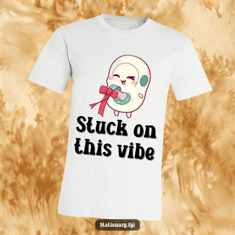 Funny t-shirt showcasing a winking tape dispenser character creating a vibrant festive ribbon, bringing office amusement to life.