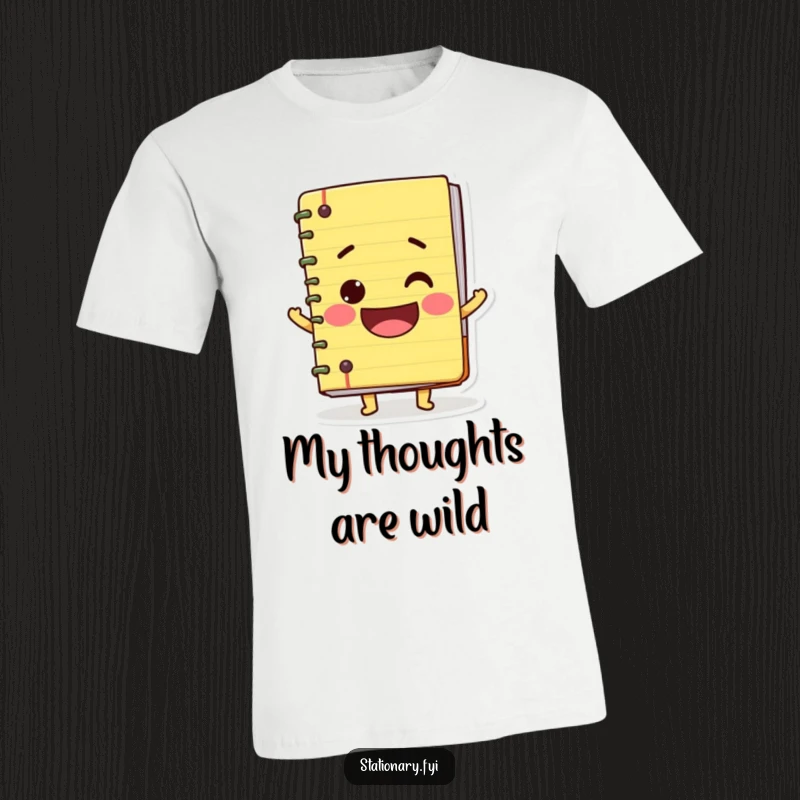 Funny t-shirt depicting a wobbly notebook character with a big, happy smile, perfect for those who love journaling and stationery.