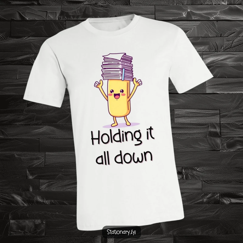 Funny T-Shirt depicting a triumphant Kawaii paperclip character proudly displaying a large stack of papers.