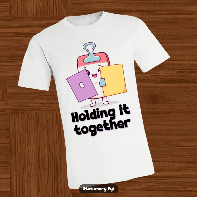 Funny Kawaii binder clip character actively clamping papers on a vibrant T-shirt, showcasing office humor and fun.