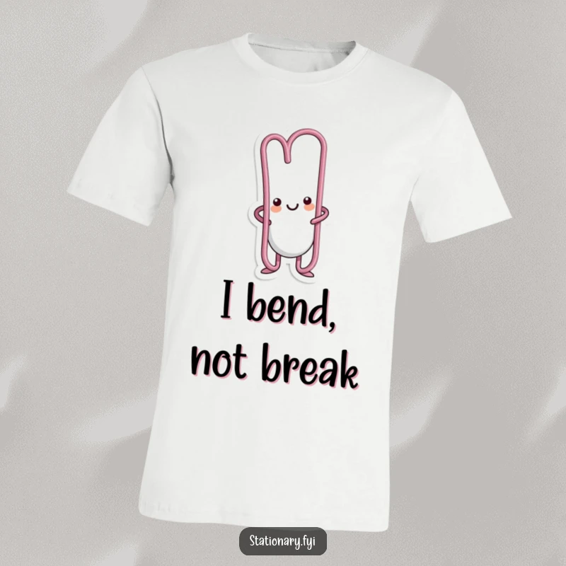 Funny kawaii paperclip character dramatically bending into a whimsical pose on this humorous t-shirt.