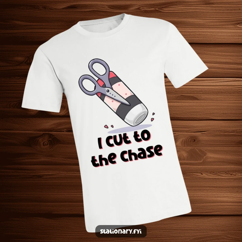 Funny scissors trying to cut a huge rubbery eraser, a humorous graphic tee for stationery enthusiasts.