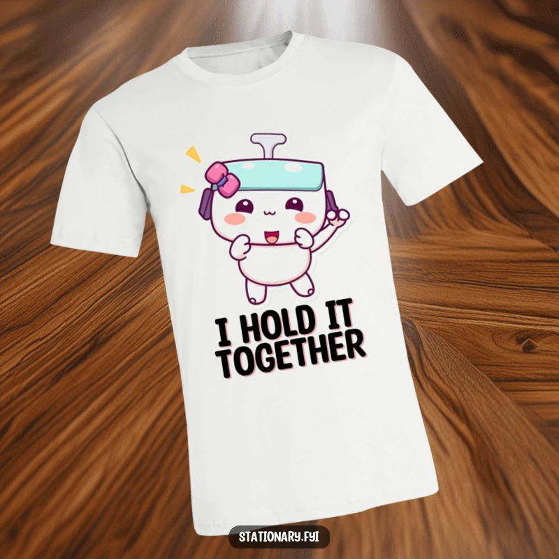 Funny kawaii binder clip t-shirt depicting a cheerful character executing a playful pinch, symbolizing secure and fun holding.