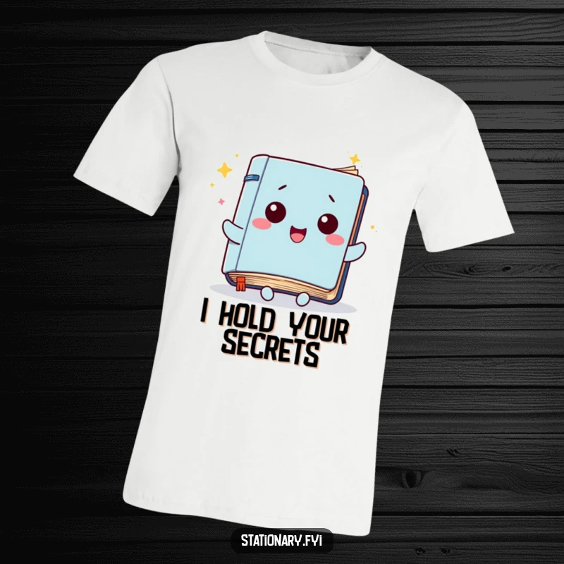 Funny Kawaii Notebook T-Shirt: A cute notebook character with joyfully fluttering pages, symbolizing creativity and happiness.