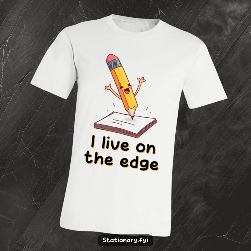 Funny pencil dramatically falling off a desk with fully flailing arms, a humorous graphic tee.